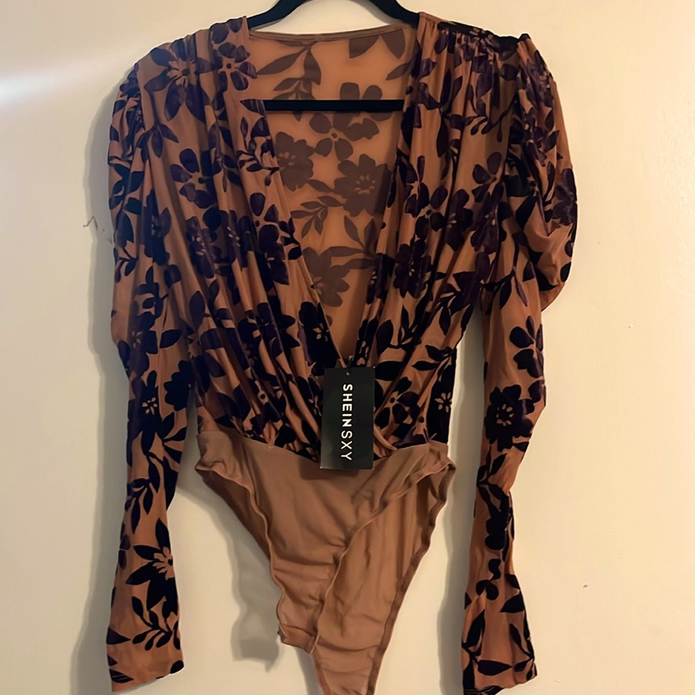 Shein NWT S Tan/Purple Sheer Floral Bodysuit